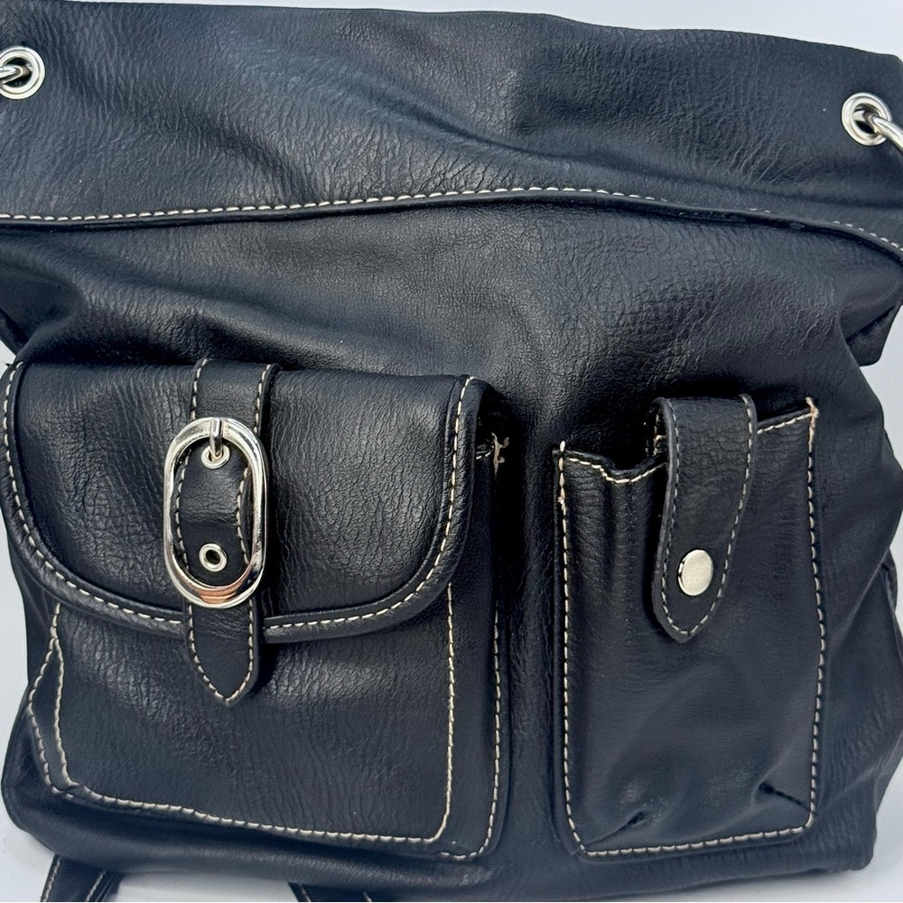 Black Faux Leather Crossbody Purse with Front Pockets & Contrast Stitch VTG 90’s